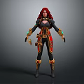 Game Movie Character with Red Hair Black Outfit Gold Red Accents Green Glowing Combat Gear