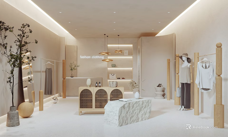 Modern Minimalist Clothing Store Interior With Wooden Racks Mannequins Green Plants And Warm Lighting 3d model 