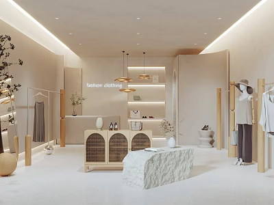 Modern Minimalist Clothing Store Interior With Wooden Racks Mannequins Green Plants And Warm Lighting 3d model