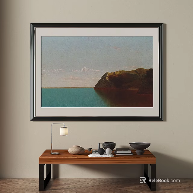 Framed landscape painting hanging on wall with cliff blue water and sky 3d model 