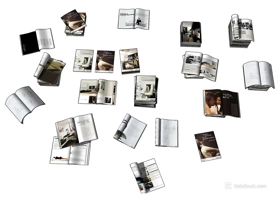 Collection of Open Books and Magazines with Various Covers and Scattered Pages 3d model 