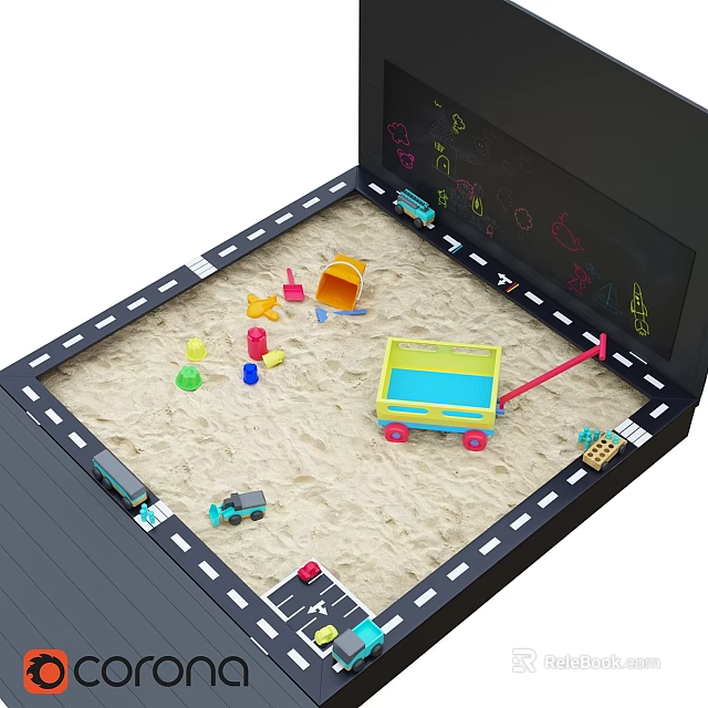 Sandbox Play Area With Toy Vehicles Colorful Blocks And Chalkboard Drawings 3d model 