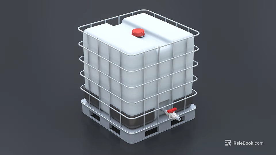 Industrial Equipment Plastic Storage Tank with Metal Frame Red Lid Red Valve and Pallet Base 3d model 