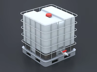 Industrial Equipment Plastic Storage Tank with Metal Frame Red Lid Red Valve and Pallet Base 3d model