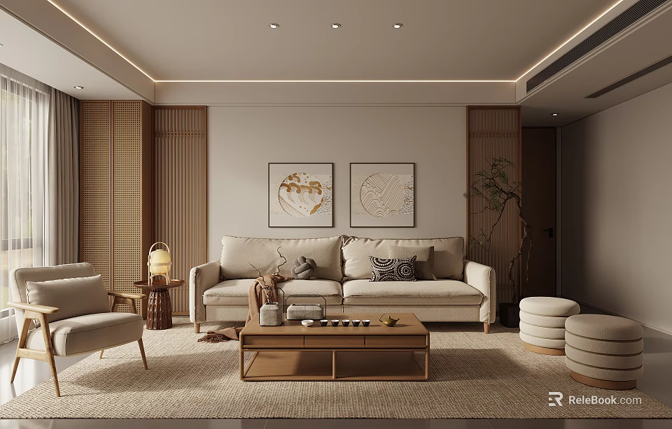 Natural Modern Living Room Interior With Beige Sofa Wooden Coffee Table And Decorative Paintings 3d model 