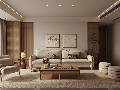 Natural Modern Living Room Interior With Beige Sofa Wooden Coffee Table And Decorative Paintings 3d model