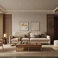 Natural Modern Living Room Interior With Beige Sofa Wooden Coffee Table And Decorative Paintings