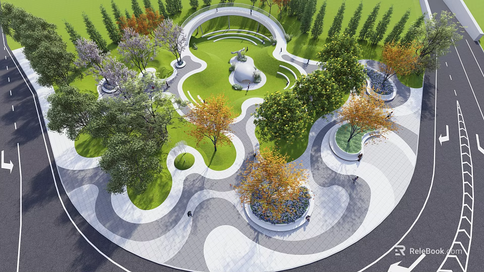 Scenic Park Landscape With Circular Pathways Lush Lawns Trees And Central Sculpture 3d model 