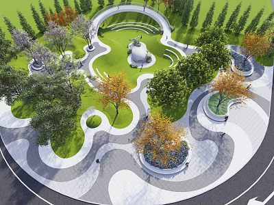 Scenic Park Landscape With Circular Pathways Lush Lawns Trees And Central Sculpture 3d model