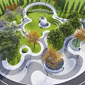 Scenic Park Landscape With Circular Pathways Lush Lawns Trees And Central Sculpture