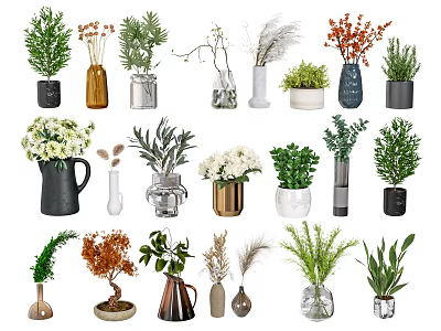 Decorative Vases With Various Flowers Green Plants And Dried Foliage For Home Decor 3d model