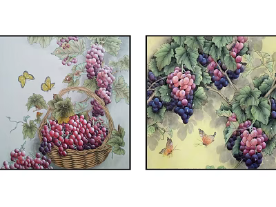 Vintage Grape Paintings with Basket Red Grapes Hanging Purple Clusters Butterflies and Green Leaves 3d model