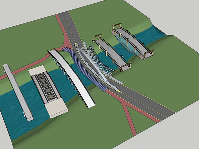 Modern Bridge Design Featuring Main Structure Approach Bridges Road Connections And Water Surroundings 3d model