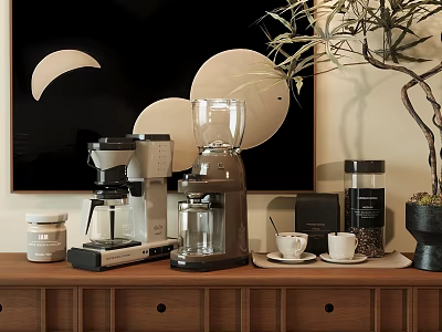 Stylish Kitchen Countertop With Coffee Machine Blender And Coffee Cups Jars Plant And Wall Art 3d model