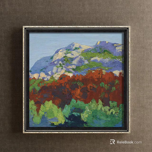 Landscape Painting Featuring Mountain Range With Colorful Red And Green Vegetation And Rocky Texture 3d model 