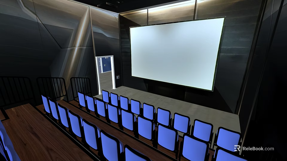 Contemporary Cinema Interior With Large Projection Screen Blue Seats And Stadium Seating 3d model 
