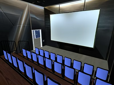 Contemporary Cinema Interior With Large Projection Screen Blue Seats And Stadium Seating 3d model