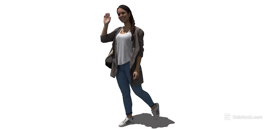 A Woman Waving Carrying Backpack Wearing White T-shirt Dark Coat Jeans And Sneakers 3d model 