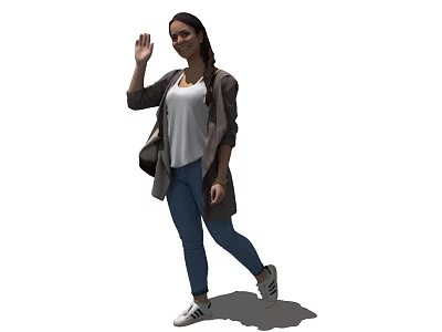 A Woman Waving Carrying Backpack Wearing White T-shirt Dark Coat Jeans And Sneakers 3d model