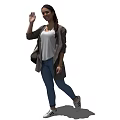 A Woman Waving Carrying Backpack Wearing White T-shirt Dark Coat Jeans And Sneakers