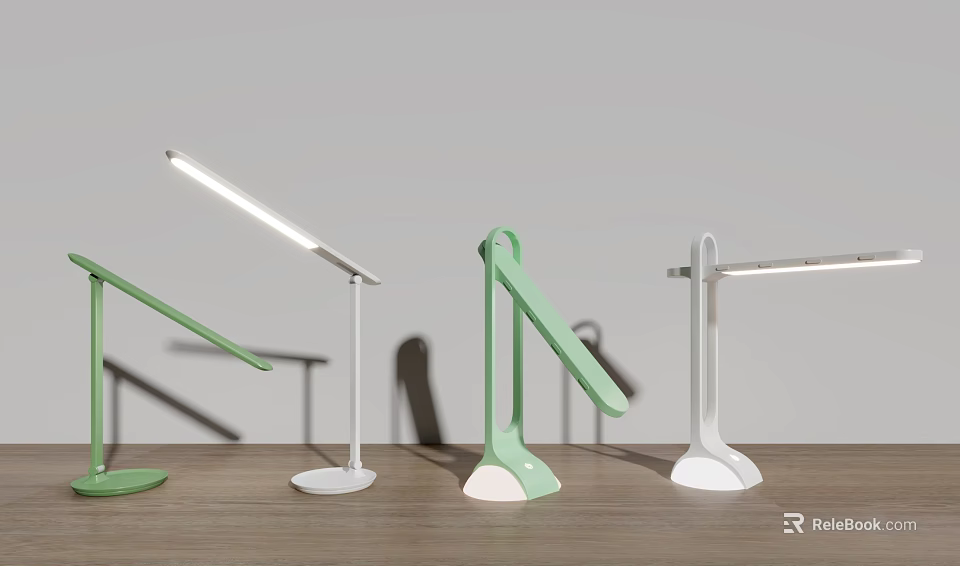 Modern Minimalist Table Lamps With Green And White Sleek Arms On Wooden Surface 3d model 