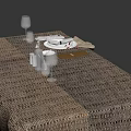 Elegant Table Setting With Woven Tablecloth Dinnerware Wine Glasses And Napkins 3d model