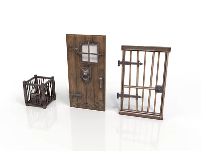 Vintage Style Household Items Including Wooden Door Barred Gate And Small Cage 3d model
