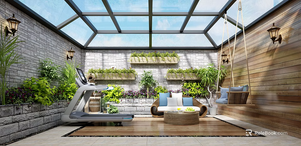 Villa Balcony With Glass Roof Brick Wall Green Plants Treadmill Swing Sofa And Wooden Floor 3d model 