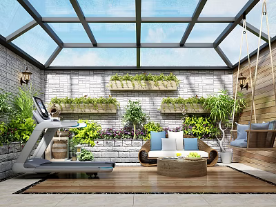 Villa Balcony With Glass Roof Brick Wall Green Plants Treadmill Swing Sofa And Wooden Floor 3d model