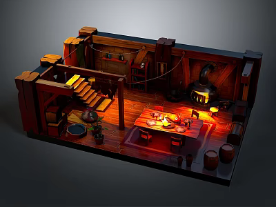 Cartoon Scene of Cozy Wooden Cabin Interior With Stairs Bookshelf Fireplace and Table 3d model