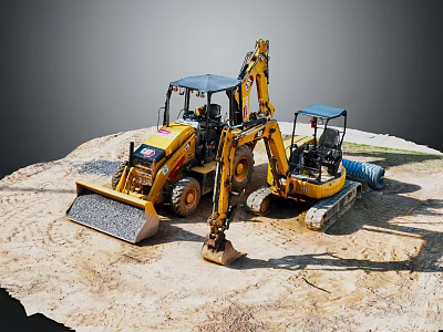 Yellow Bulldozer And Excavator Construction Equipment Parked On Sand Site 3d model