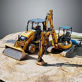 Yellow Bulldozer And Excavator Construction Equipment Parked On Sand Site