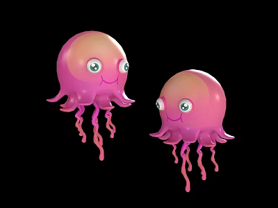 Two Pink Cartoon Octopuses With Big Eyes And Smiling Faces On Black Background 3d model