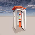 Orange Telephone Booth With Transparent Glass Against Open Sky Background