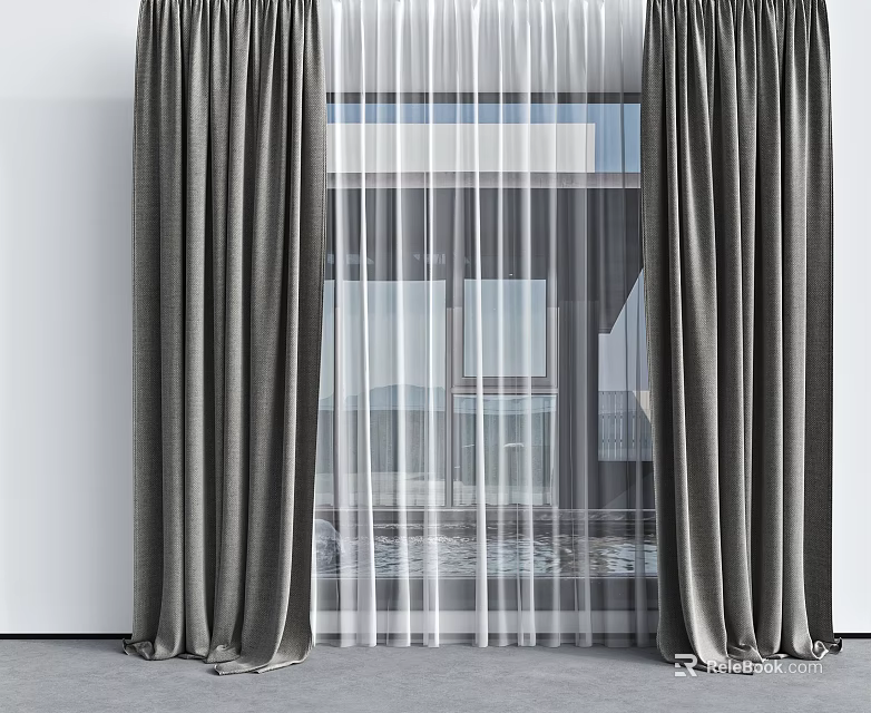 Gray Modern Window Curtains With White Sheer Panel And Elegant Design 3d model