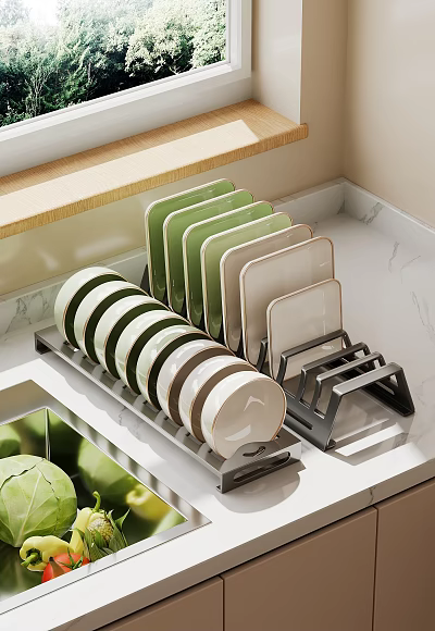 Organized Kitchen Countertop With Green And Beige Plates On Metal Dish Rack On Marble Surface 3d model