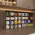 Colorful Mugs Neatly Arranged On Wooden Shelf With Cabinets In Kitchen