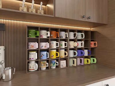 Colorful Mugs Neatly Arranged On Wooden Shelf With Cabinets In Kitchen 3d model
