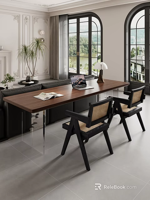 Modern Wooden Table And Chairs Set With Woven Back Design In Living Room Interior 3d model 