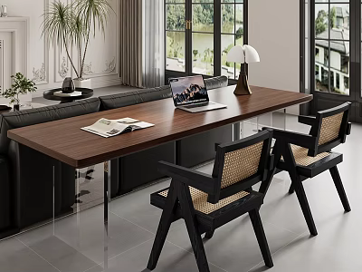 Modern Wooden Table And Chairs Set With Woven Back Design In Living Room Interior 3d model