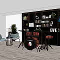 Instrument and Art Supplies Display in Room with Bookshelf Yamaha Drum Set and Potted Plant