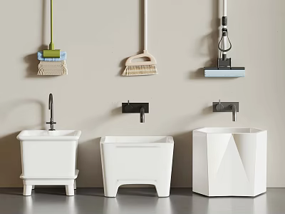White Bathroom Basins And Wall Mounted Cleaning Tools 3d model