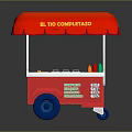 Red Food Cart With Red Canopy Yellow Lettering Display Counter And Wheels