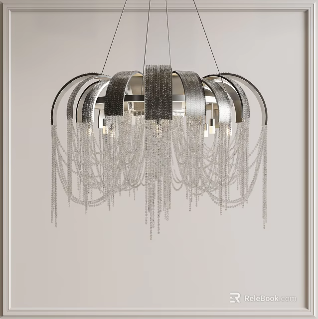 Modern Crystal Chandelier With Silver Metal Frame And Hanging Crystal Chains 3d model 