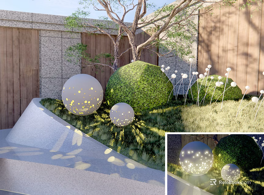 Spherical Outdoor Lights Decorative Garden Landscape With Bushes Greenery And Lawn 3d model 