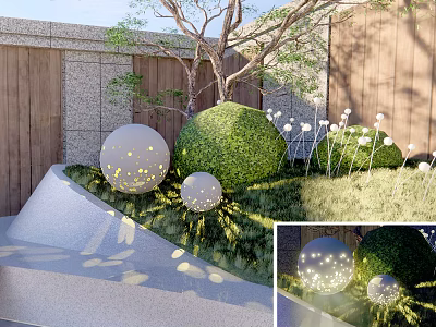 Spherical Outdoor Lights Decorative Garden Landscape With Bushes Greenery And Lawn 3d model