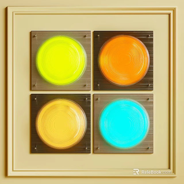 Modern Four Colored Round Wall Lights With Metal Frames On Beige Wall 3d model