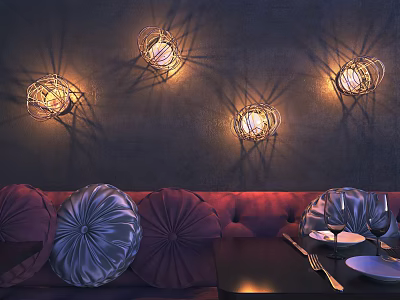 Woven Design Wall Lamps With Warm Lighting On Dark Background Wall And Cozy Sofa 3d model