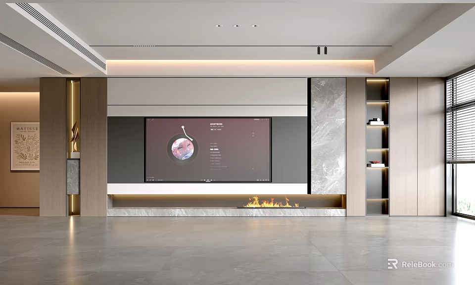 Modern Living Room Interior With Large Screen TV Marble Accent Wall And Fireplace 3d model 