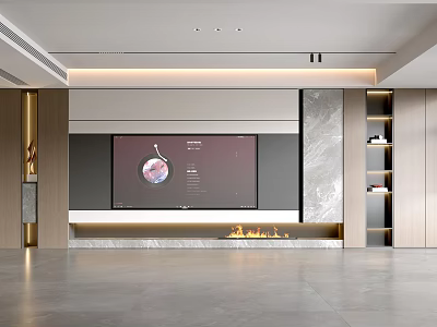 Modern Living Room Interior With Large Screen TV Marble Accent Wall And Fireplace 3d model